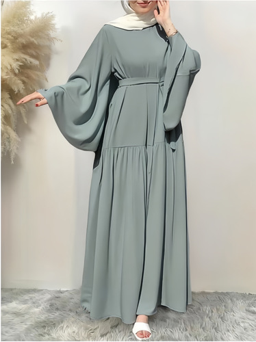 Muslim Commuter Holiday Leisure Flared-Sleeve Dress for Women, 2024 Winter New Arrival Simple Long-Sleeved Pullover Robe