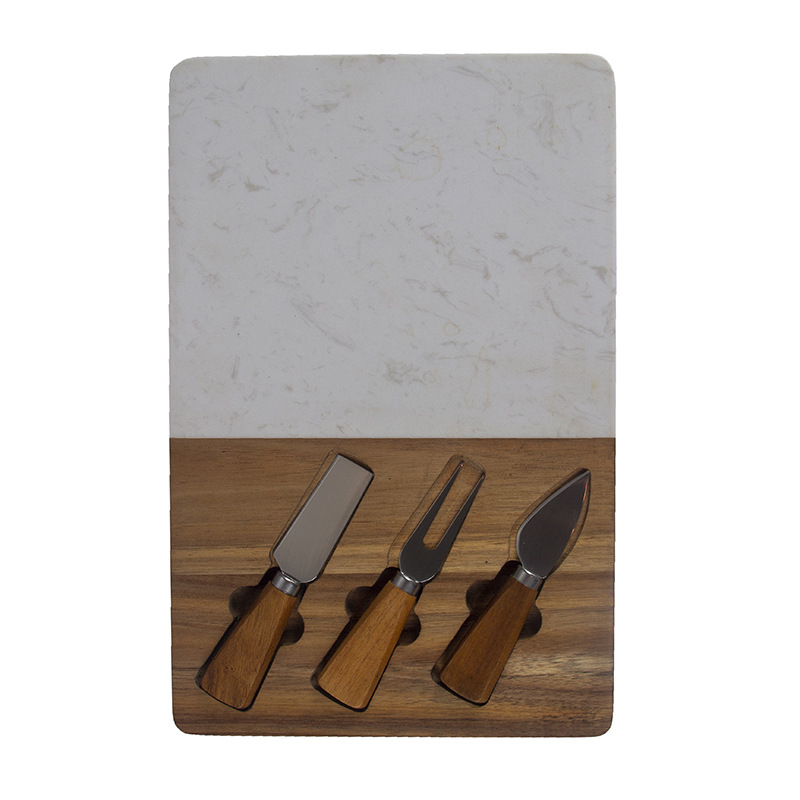 Tabla de queso de mármol con empalmes de madera de acacia, juego de cuchillos para queso con mango, juego de queso de cuatro piezas, cuchillo para pizza, tabla de cortar. image 6