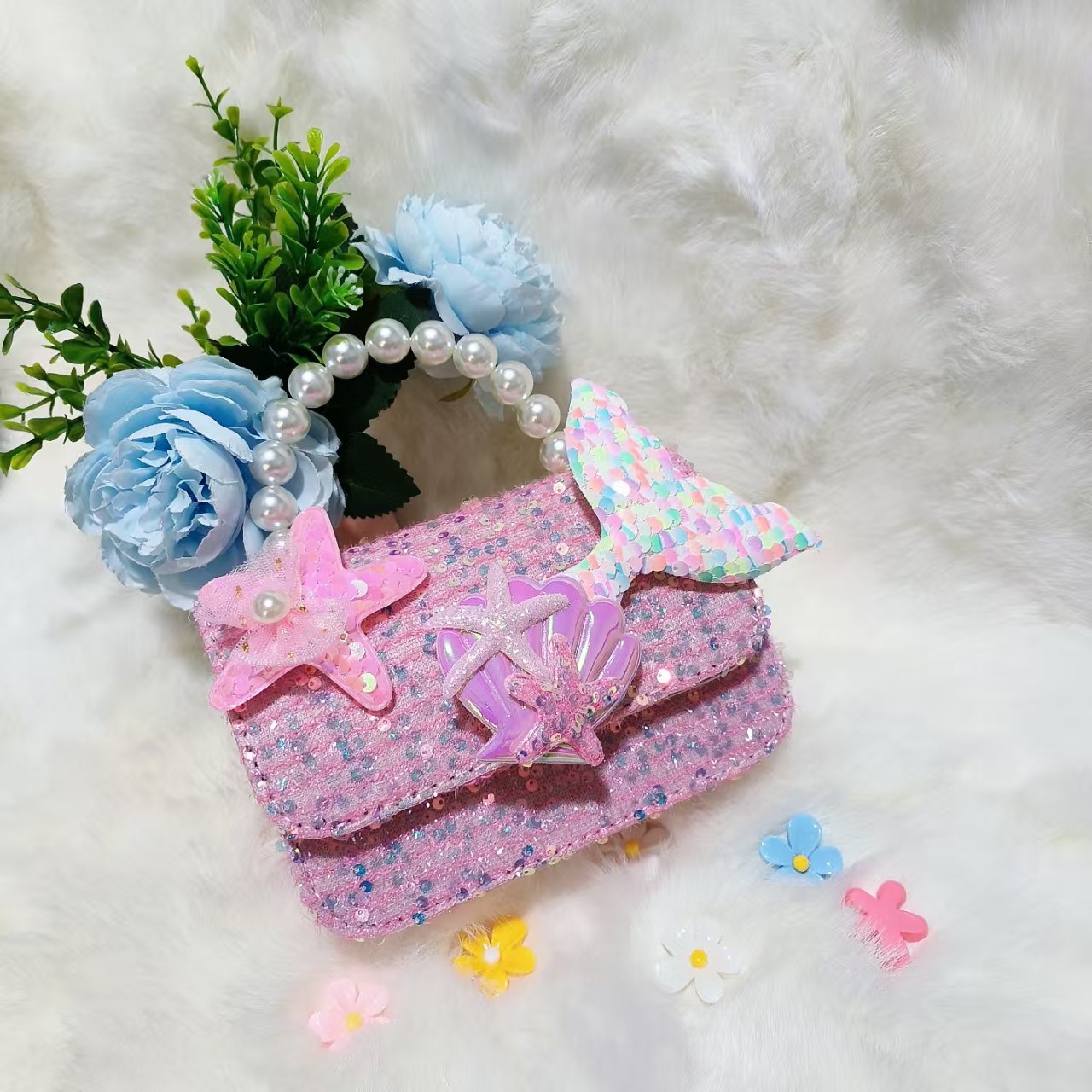 Bolsos infantiles transfronterizos conchas accesorios de cola de pescado lindos bolsos de bambú perlas mariposa bolsos de dibujos animados