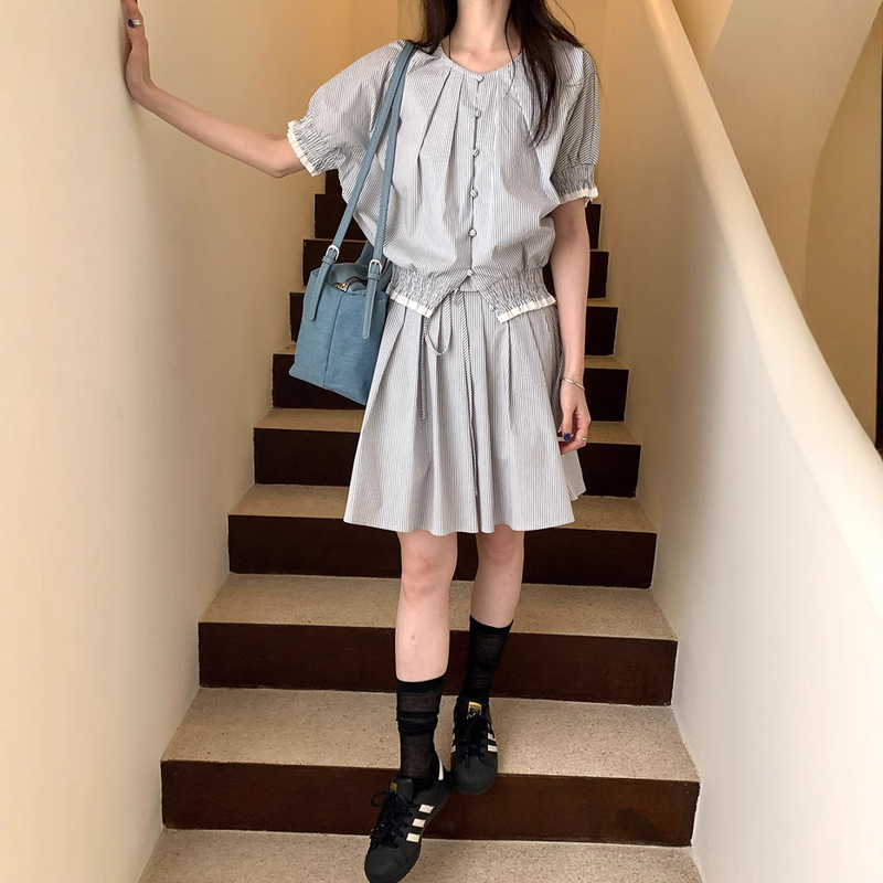 Weison Clothing 2026 Summer New Korean Style Design Striped Short-Sleeve Fashion Shirt + High-Waisted A-Line Skirt