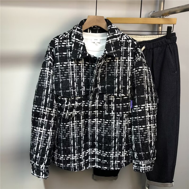 Tweed Style Tweed Shirt Jacket Men's Trendy Brand Handsome High-End Loose Casual Men's and Women's Couple Lapel Jacket