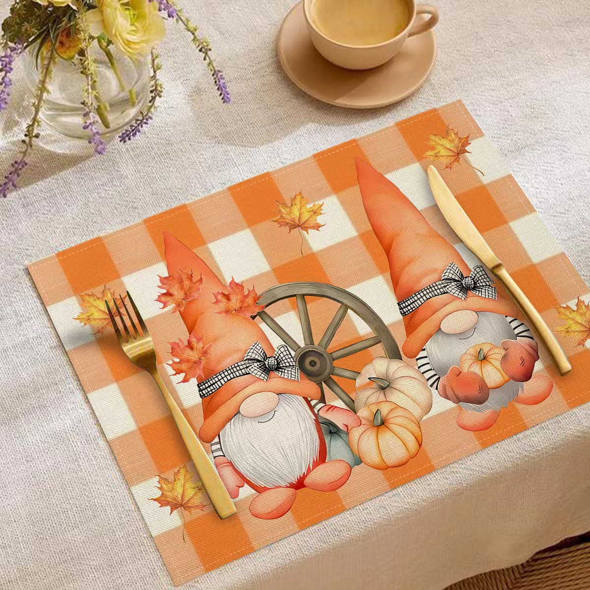 Transfronterizo temu explosión Día de Acción de Gracias otoño calabaza lino estampado conjunto lino estampado mesa de restaurante