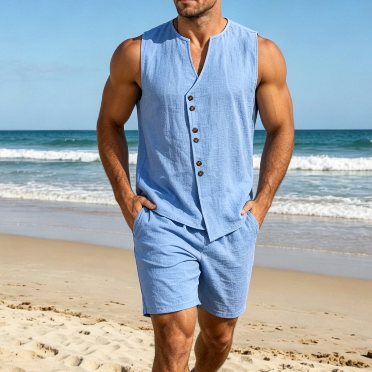 Men's Irregular Casual Cotton Linen Two Piece Set V Neck Button Sleeveless Top with Shorts_viptrois.com