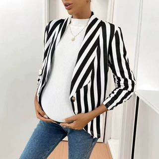 亚马逊跨境TEMU新款跨境欧美女装翻领条纹一粒扣开衫西装外套