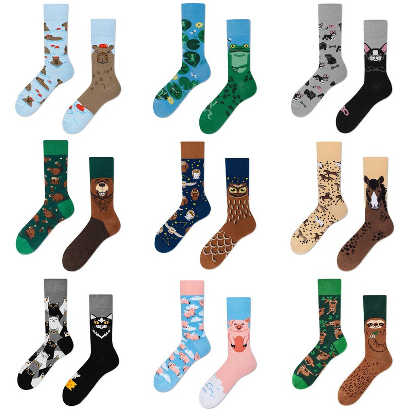 Cross-border New Animal Fun Creative Couple's AB Asymmetric Tide Socks Personality Trend Cartoon Jacquard Cotton Socks