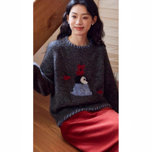 韩系小众秋冬毛衣女新款圆领百搭针织衫提花百搭套头上衣慵懒女装