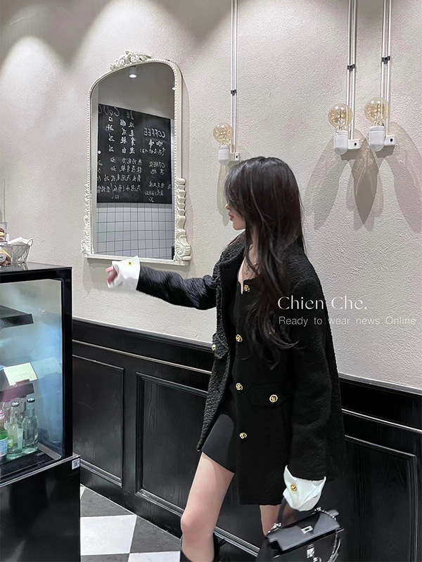 车迟恩Chien 车氏千金别致黑色羊毛上衣秋冬感小香风厚外套女|undefined