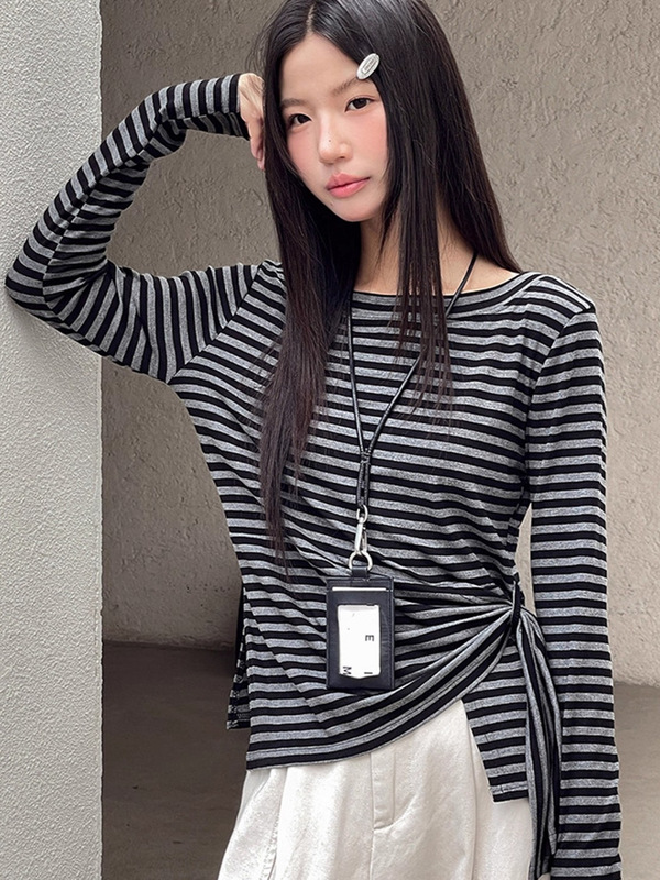 韩系设计感一字肩长袖T恤女2025早秋新款修身显瘦百搭上衣女|undefined
