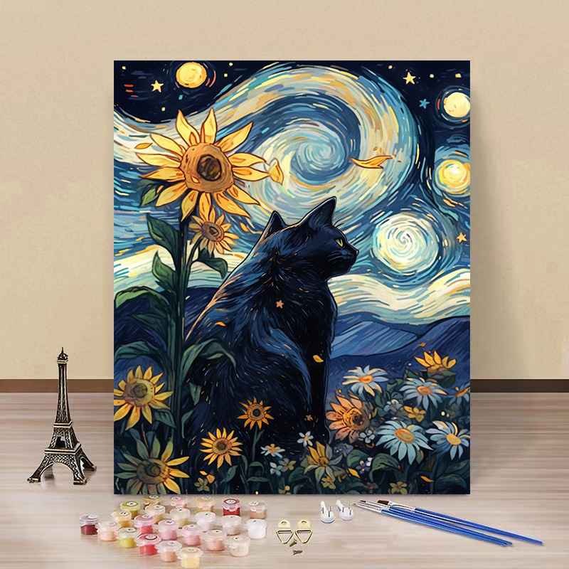 Pintura por números “Gato Estrellado” — arte DIY de fábrica al por mayor, estilo Van Gogh, flores y paisajes hechos a mano