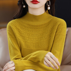 一線の服の半身の透かし彫りのウールの底のセーターの婦人服の2024秋冬の新商品の半高襟のウールのセーターの女性