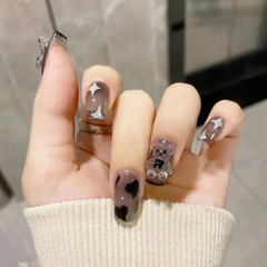 Sweet and Cool Style Black Short Crystal Bear Acrylic Nails with Drilling, 3D Stereo Bear Artificial Nails