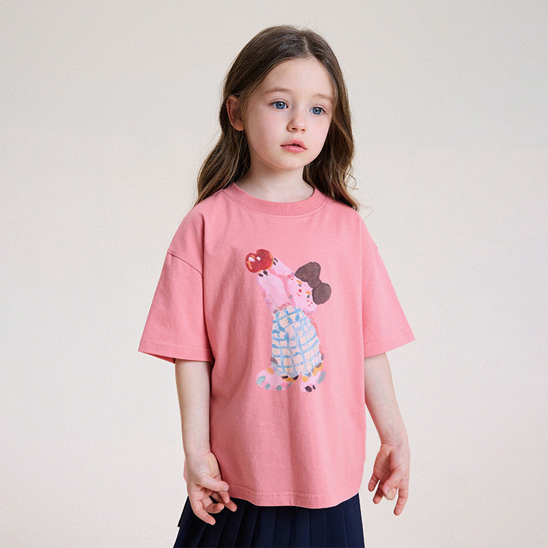 Children's Spring/Summer Pure Cotton Cartoon Print Short-Sleeve Girls' T-Shirt 2026 New Style Round Neck Loose Fit Stylish Top Children's Clothing