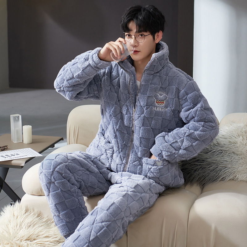 Pijamas de hombre de invierno de los hombres de lana de coral de tres capas acolchado forrado de lana engrosada Otoño e Invierno guapo homewear invierno