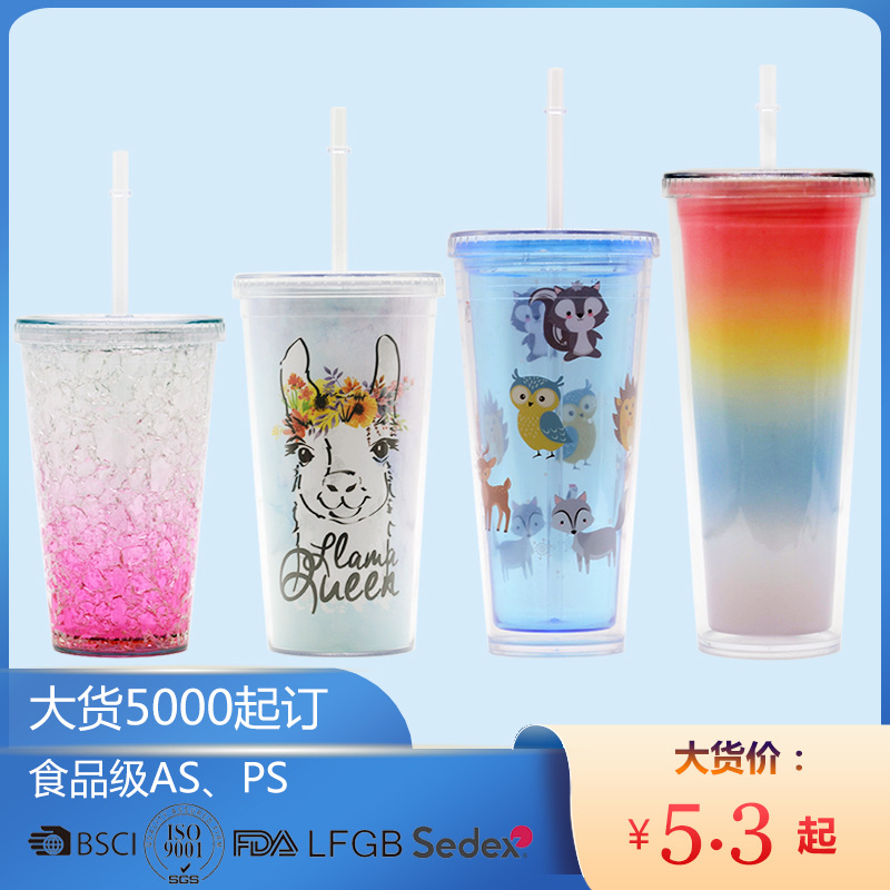 Taza de agua de paja de plástico de doble capa de color degradado transfronterizo AS/PS480/600ml con taza de regalo de café