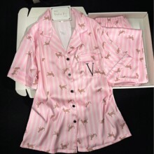 夏季新款冰丝薄款透气睡衣短袖长裤翻领开衫家居服维密卡通套装女