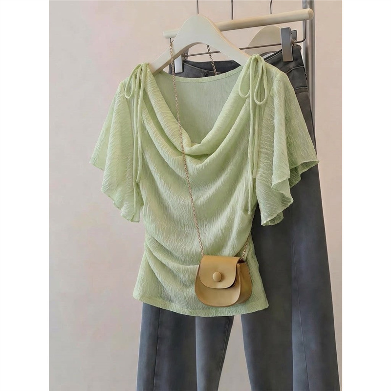 Green off-shoulder short-sleeve chiffon blouse for women, 2026 summer new style, plus size, beautiful top for plus-size ladies, super stylish
