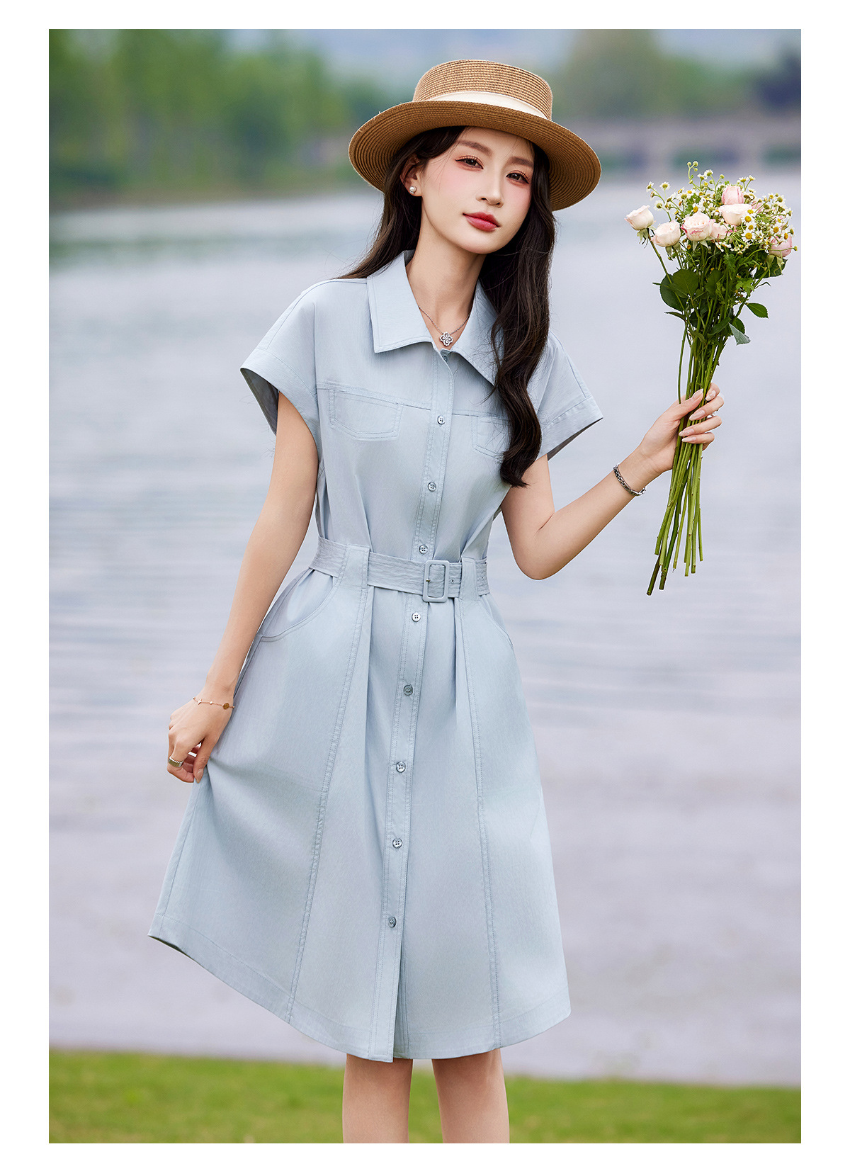Đầm polo nữ cổ bẻ thắt eo dáng suông midi mùa hè — màu xanh nhạt, màu trắng ngà chi tiết 15