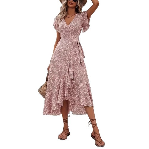 Independent station Amazon cross-border small floral V-neck open front tie waist short sleeve Bohemian large swing vacation dress