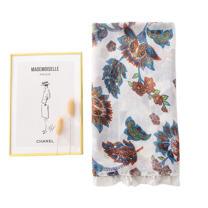 Amazon AliExpress primavera/verano fina bufanda de seda artística todo partido chal blanco lentejuelas flor algodón y lino sensación bufanda