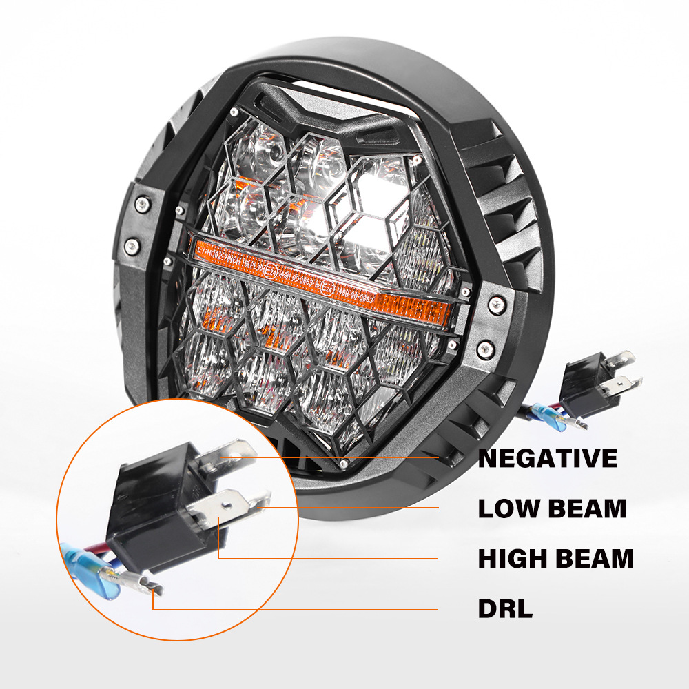 Motorcycle Headlight for Harley 7-inch Honeycomb Yellow Light DRL with ECE and DOT Certification