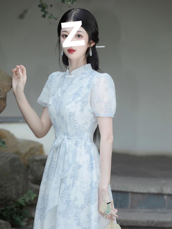 新中式国风女装改良日常少女款旗袍蓝色碎花中长款收腰连衣裙短袖|undefined