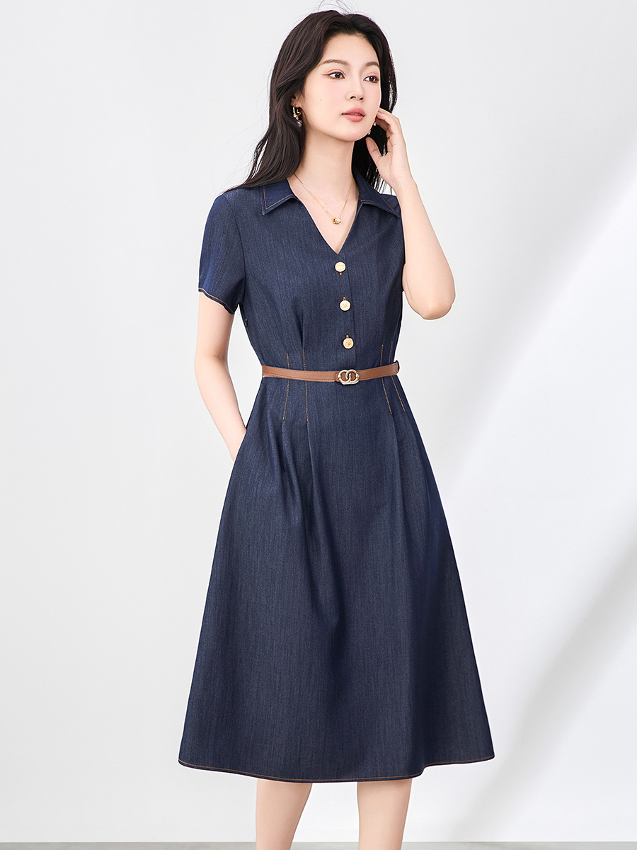 Váy liền denim sơ mi kiểu Pháp thắt eo thanh lịch — Màu xanh lam nhạt
