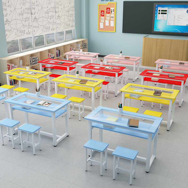 小学生彩色绘画桌美术书法双人培训钢化玻璃双层课桌椅学校学习桌