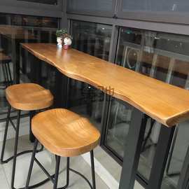 砉x实木吧台桌家用阳台靠墙长条窄桌子商用酒吧台高脚桌现做桌椅