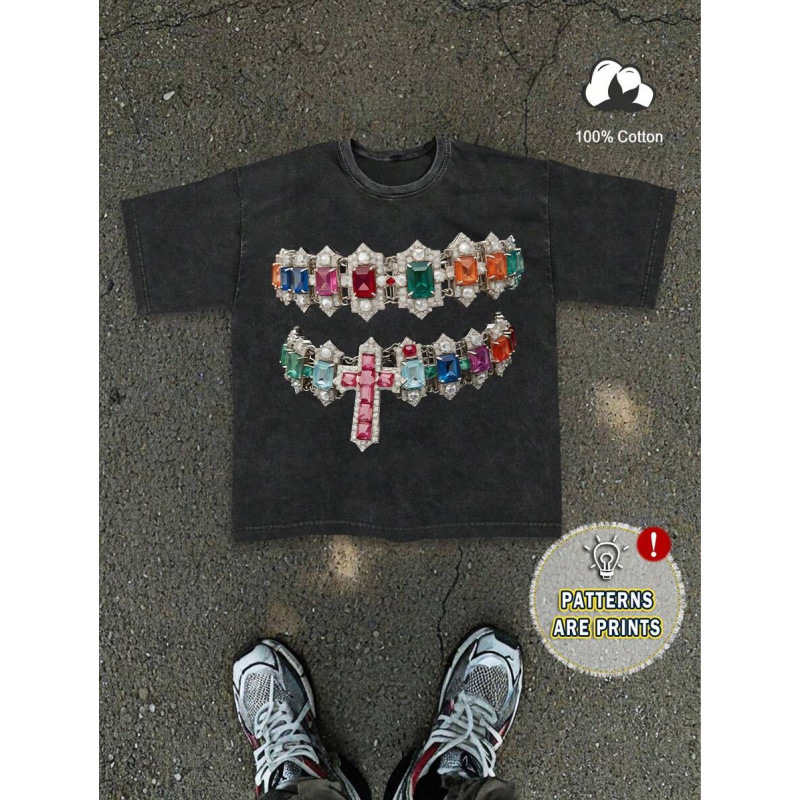 Fashionable Brand Retro Washed Black Short-Sleeved T-Shirt Colorfulful Gemstone Cross Art Print Personalized Street Style Top for Men