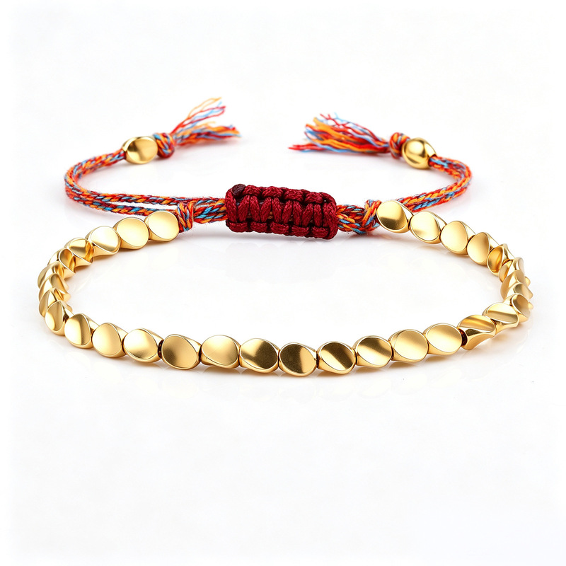 Copper bead lucky bracelet, irregular-shaped golden twisted copper beads, hand-woven Xizang-style bracelet, golden copper bead tassel bracelet