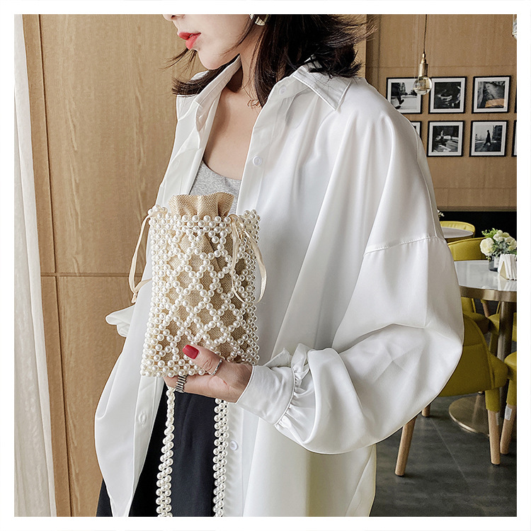 Pearl trend shoulder crossbody 2024 spring Korean casual small square beaded mobile phone bag_voghion.com