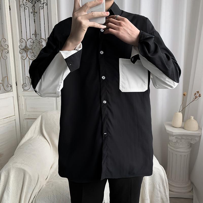 Men's Black And White Patchwork Long Sleeve Casual Shirt Trendy_voghion.com