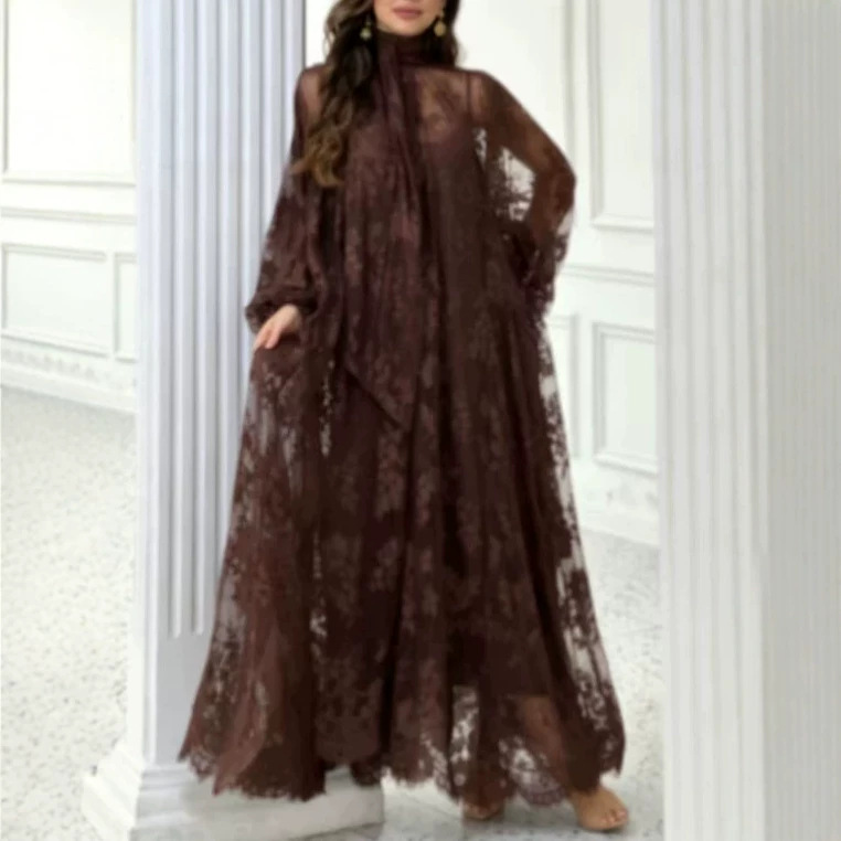 Elegant Deep Brown Maxi Dress With Lace Panels And Defined Waist | Flowy A-Line Skirt For Special Occasions_ecoleips.com