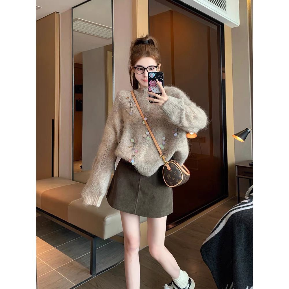 重磅低调又不失奢华设计美拉德毛衣女秋冬季加厚针织衫半身裙套装