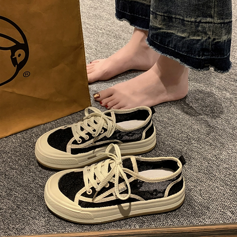Женские парусиновые туфли с кружевом, летние туфли из полой ткани, повседневные кроссовки с дышащей сеткой, черные спортивные туфли с сеткой, летний стиль
