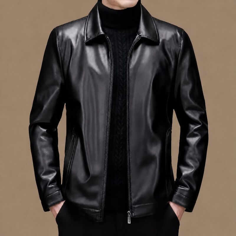 In-Stock Haining Faux Leather Men's Jacket with Turn-Down Collar, Winter Fleece-Lined Leather Jacket, Casual Loose-Fitting Dad Style In-Stock Haining Faux Leather Men's Jacket with Turn-Down Collar, Winter Fleece-Lined Leather Jacket, Casual Loose-Fitting Dad Style