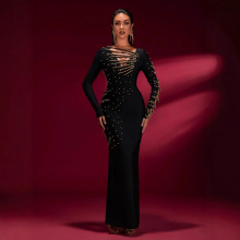 2025欧美明星气质优雅重工钉珠长袖长款连衣裙 名媛高级感晚礼服