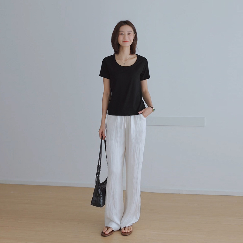 莱赛尔天丝大圆领T恤女短袖正肩外穿显瘦露锁骨半袖体恤衫|undefined