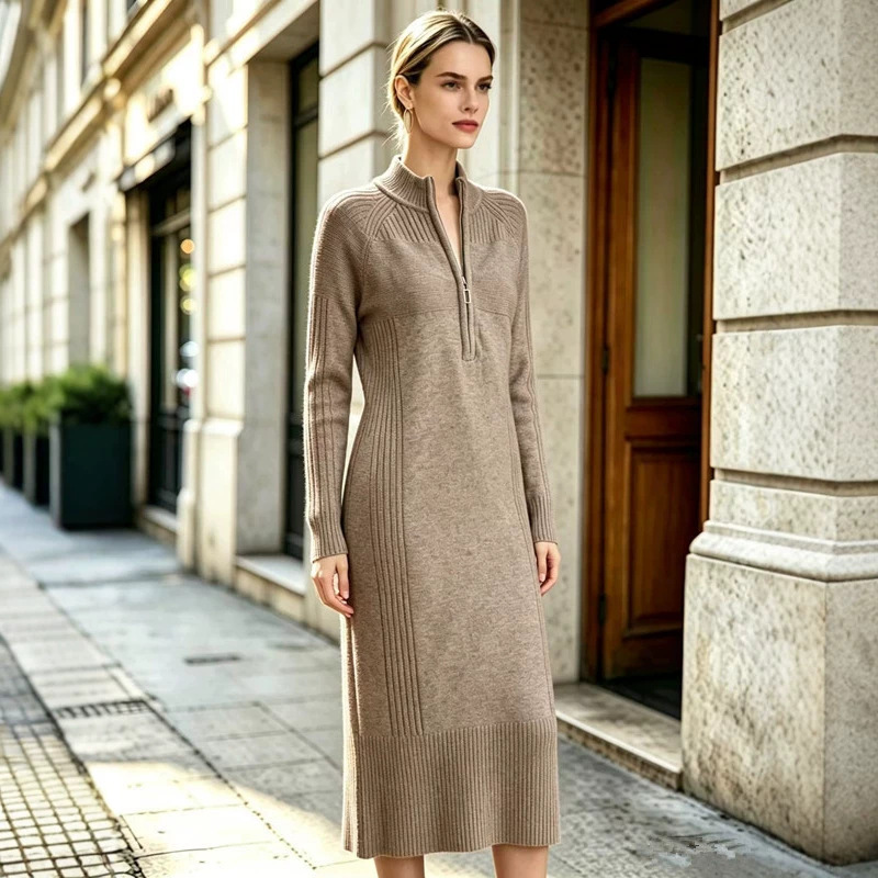 Cross-Border Zipper Women's Dress 2026 Autumn and Winter New Style Long-Sleeved Thick Loose Large Size Mid-Length Knitted Sweater