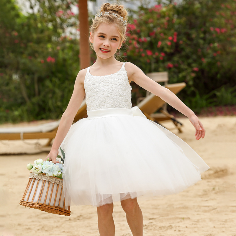 Nuevo europeo y americano transfronterizo vestido de novia para niños niñas encaje piano rendimiento cumpleaños anfitrión puffy princesa vestido midi
