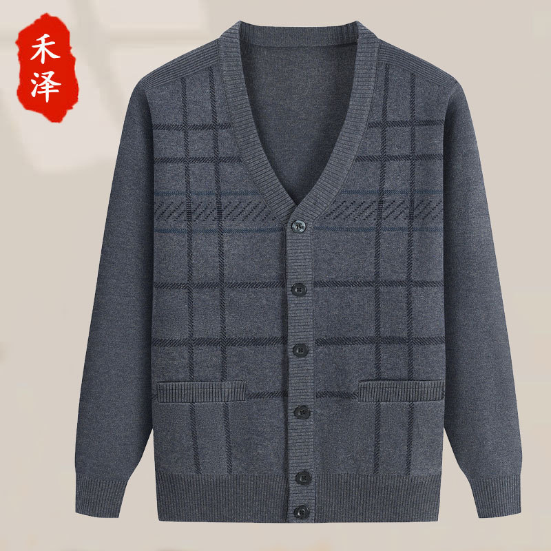 Middle-aged and old father autumn and winter coat cardigan sweater men's dad sweater top grandfather casual clothes