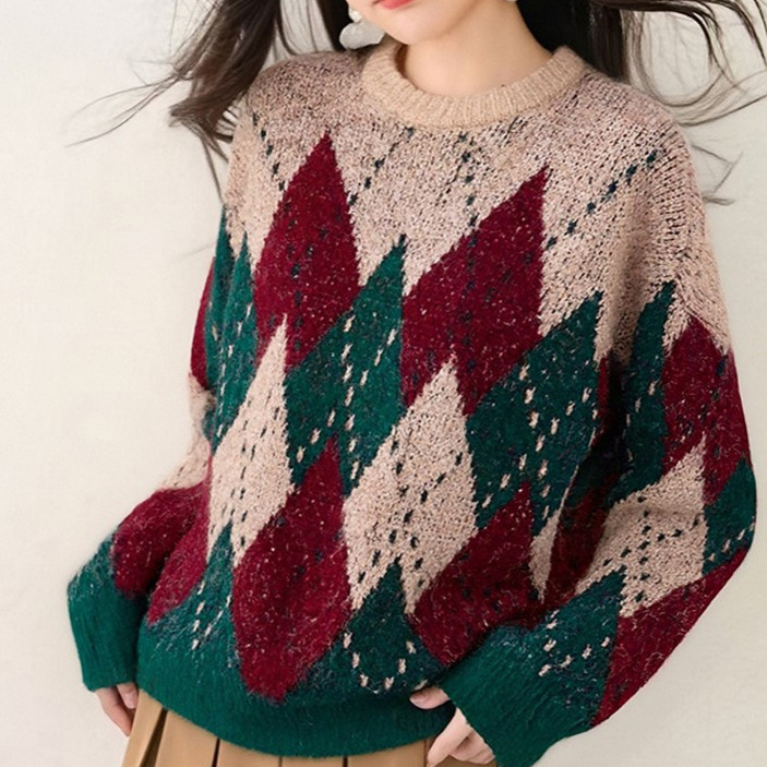 Christmas Atmosphere Quilted Long-Sleeved Knitwear Women's Autumn and Winter 2025 Large Size Fat mm Loose Lazy Style Top