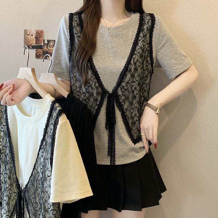 Plus-Size Designer Lace Vest with Faux Two-Piece Short-Sleeve T-Shirt for Women, New Summer Style, Loose Fit, Slimming, Tummy-Covering Top Plus-Size Designer Lace Vest with Faux Two-Piece Short-Sleeve T-Shirt for Women, New Summer Style, Loose Fit, Slimming, Tummy-Covering Top