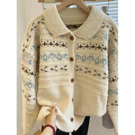 费尔岛毛衣女秋季新款超好看polo翻领软糯提花针织衫打底衫上衣DF