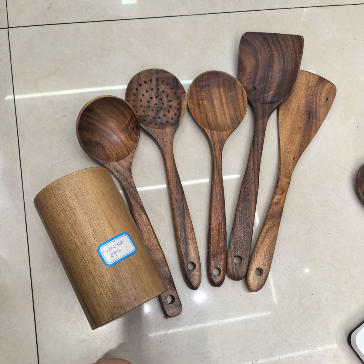 Juego de cocina de teca, cuchara de pala de madera maciza, tenedor, sartén antiadherente, utensilios de cocina de madera de acacia, espátula de mango largo, juego de cocina de 9 piezas