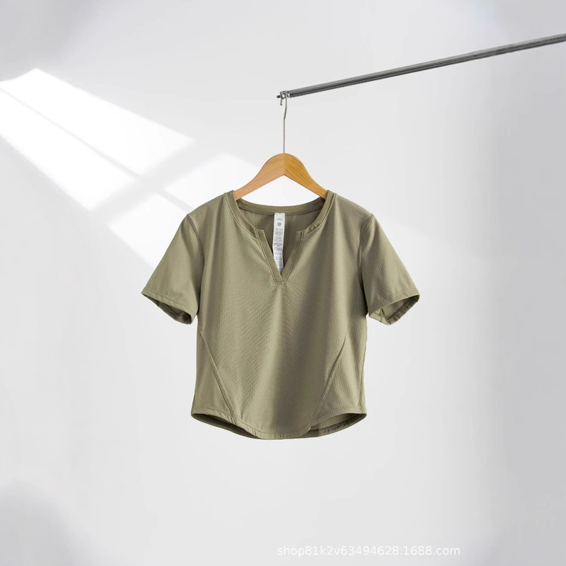 LuLu Ribbed Nulu レディース リブ V ネック 半袖 T シャツ オールマッチング ヘンリー シャツ オールマッチング スポーツ スリム フィット トップ|undefined