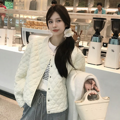 2025新款秋冬小香风女士薄棉棉衣短款韩版圆领菱形格衔缝棉袄外套
