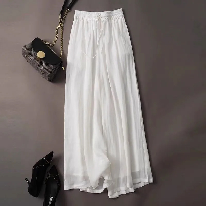 Spring and Summer Double-Layer Wide-Leg Pants, Loose and Slim, Casual, Artistic, Retro Culottes, Cotton and Linen Lined Drapey Pants for Women