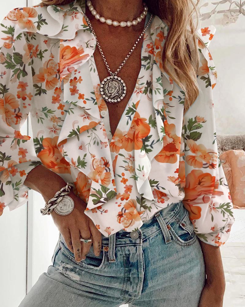 238g Weight Long Sleeve Sleeve Length Regular Sleeve Sleeve Type Chiffon Fabric Type Regular Top Length Blouse Tops Type Daily Occasion V Neck Neckline Loose Fit Type Printing, Butterfly Pattern Summer, Spring, Autumn Season Women's Gender Elegant Style Wholesale Women's Elegant Printing Butterfly Long Sleeve Blouses 20