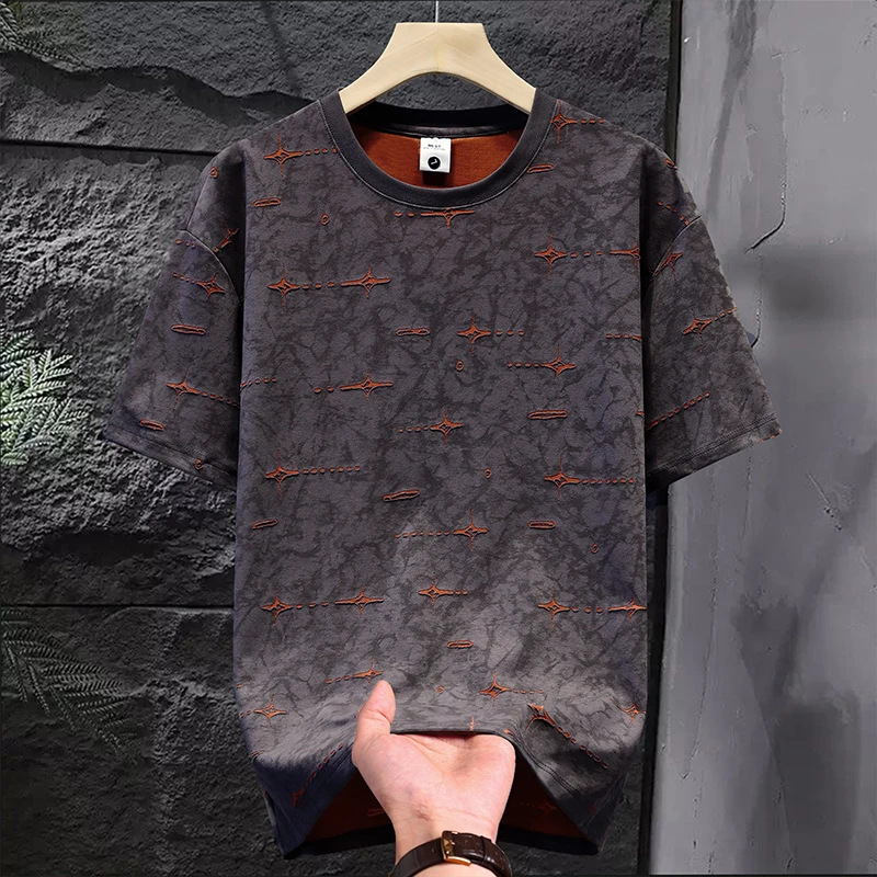 Hole Entry Luxury Men's Round Neck Short-Sleeved T-Shirt Casual Loose Fashion Trend Tie-Dye Thin T-Shirt Summer New Arrival